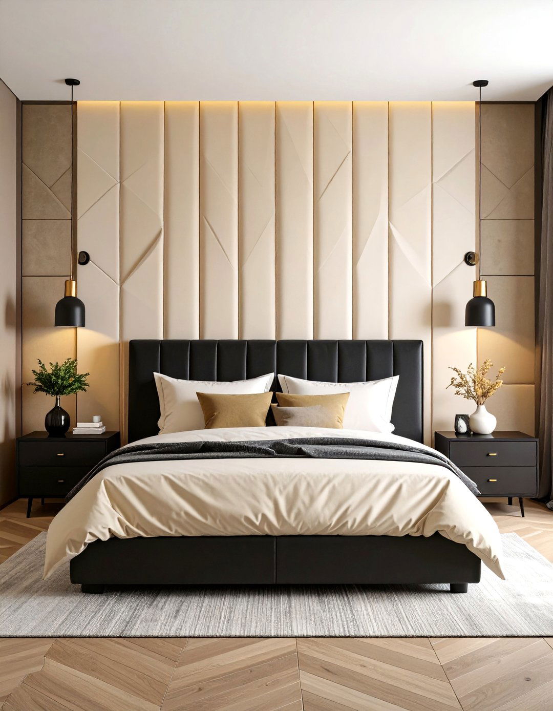 Cream and Black Bedroom with Statement Textured Accent Wall - 24 Cream and Black Bedroom Ideas