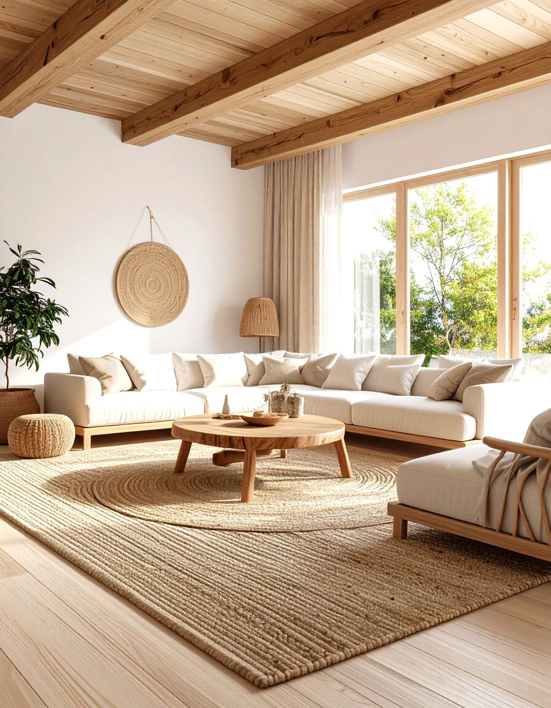 Cream and Natural Wood Living Room with Organic Elements - 24 Neutral Living Room Ideas