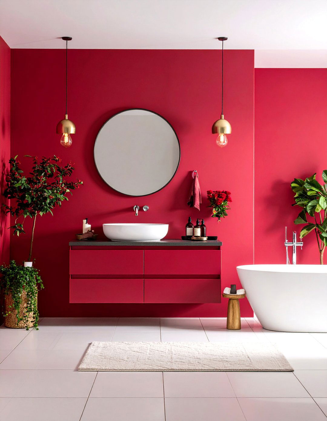 Crimson Feature Wall Bathroom - 24 Red Bathroom Ideas