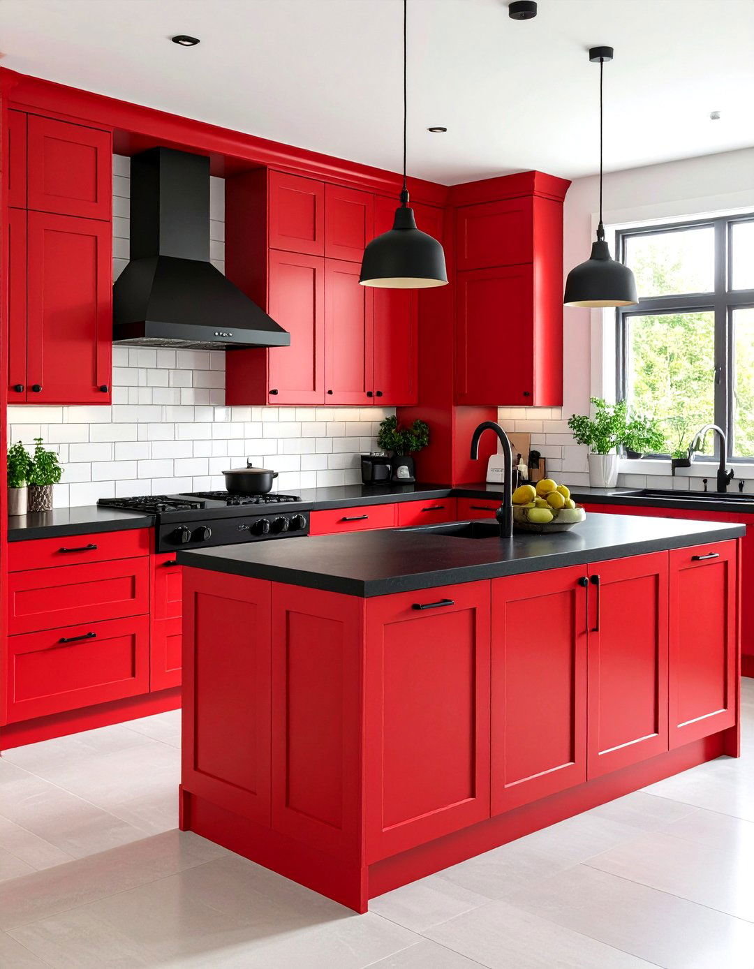 Crimson Red Kitchen with Black Details - 24 Colorful Kitchen Ideas
