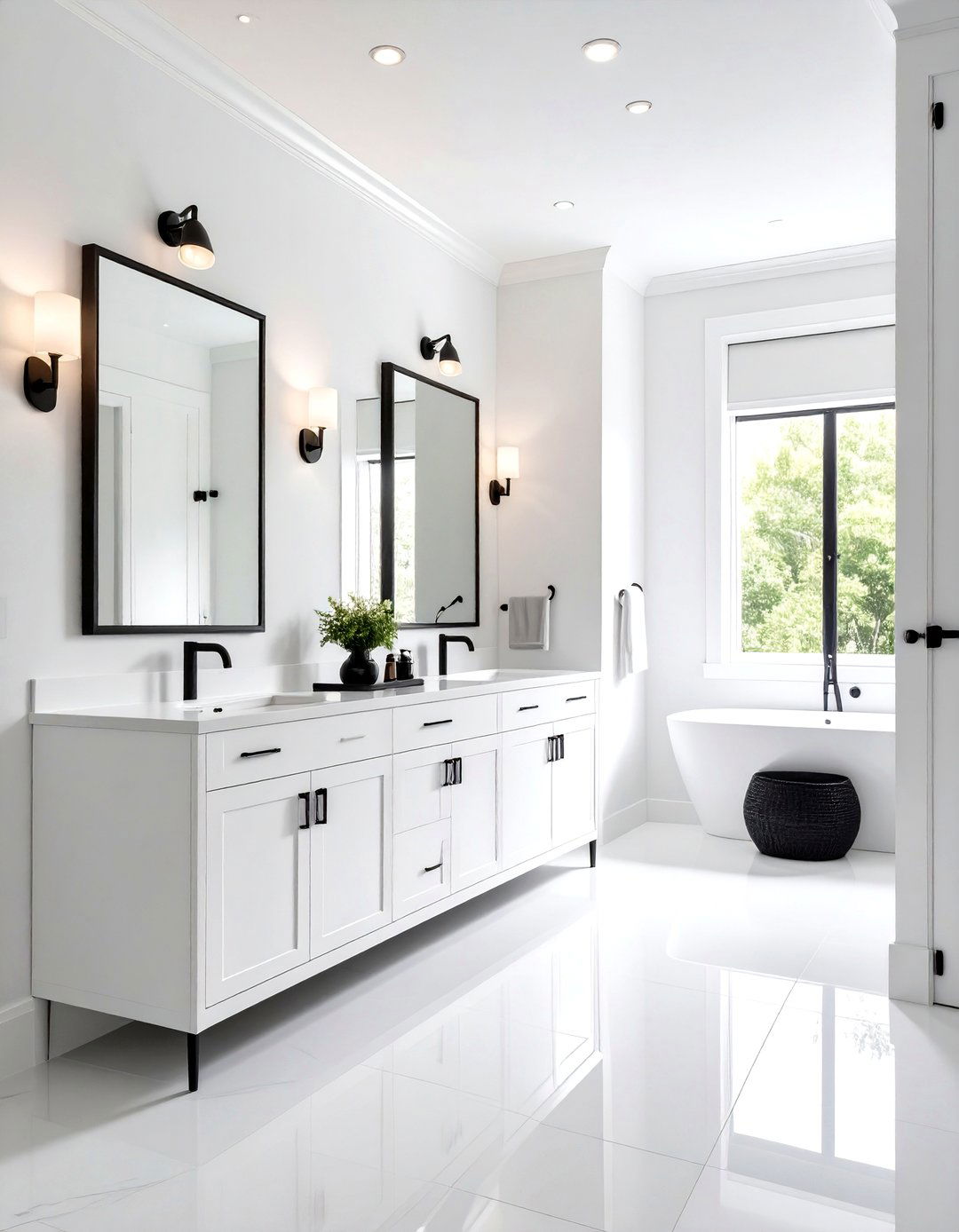 Crisp White and Black Hardware Contrast - 24 Hallway Bathroom Ideas