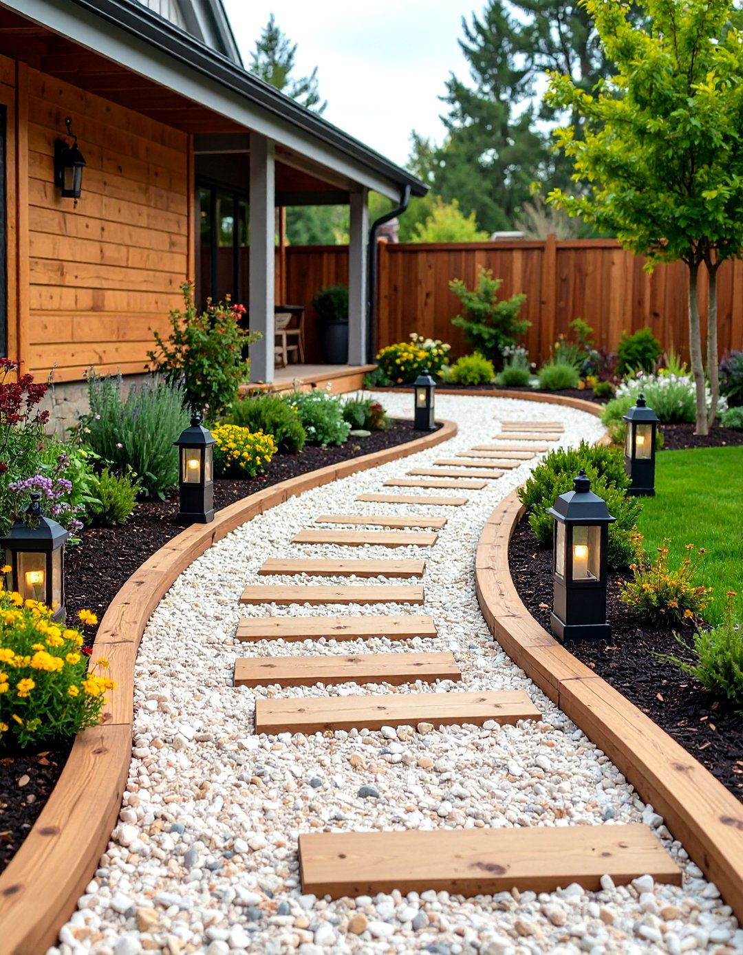 Crushed Gravel Path with Wooden Borders - 24 Farmhouse Walkway Ideas
