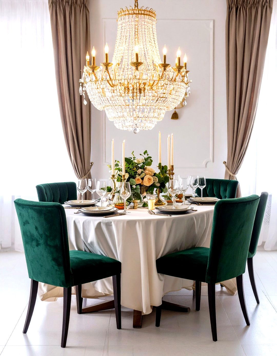 Crystal Chandelier Dark Green Dining Space - 24 Victorian Dark Green Living Room Ideas