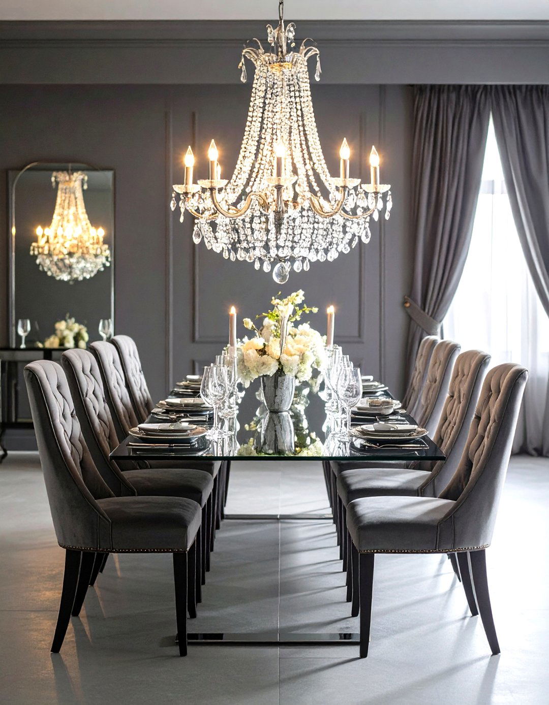 Crystal Chandelier Gray Luxury Setting - 24 Gray Dining Room Ideas
