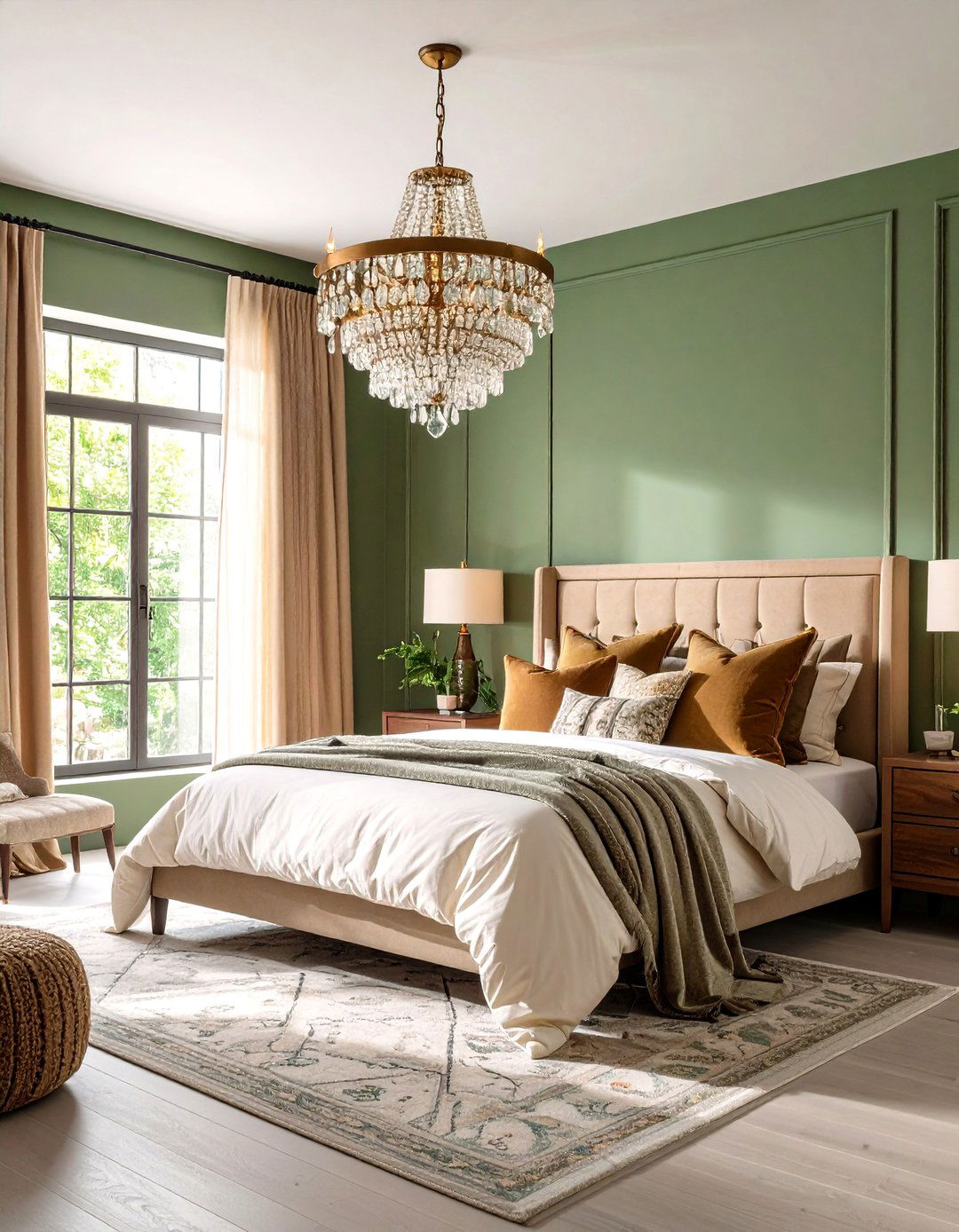 Crystal Chandelier Sage Green Bedroom Glamour - 24 Boho Sage Green Bedroom Ideas