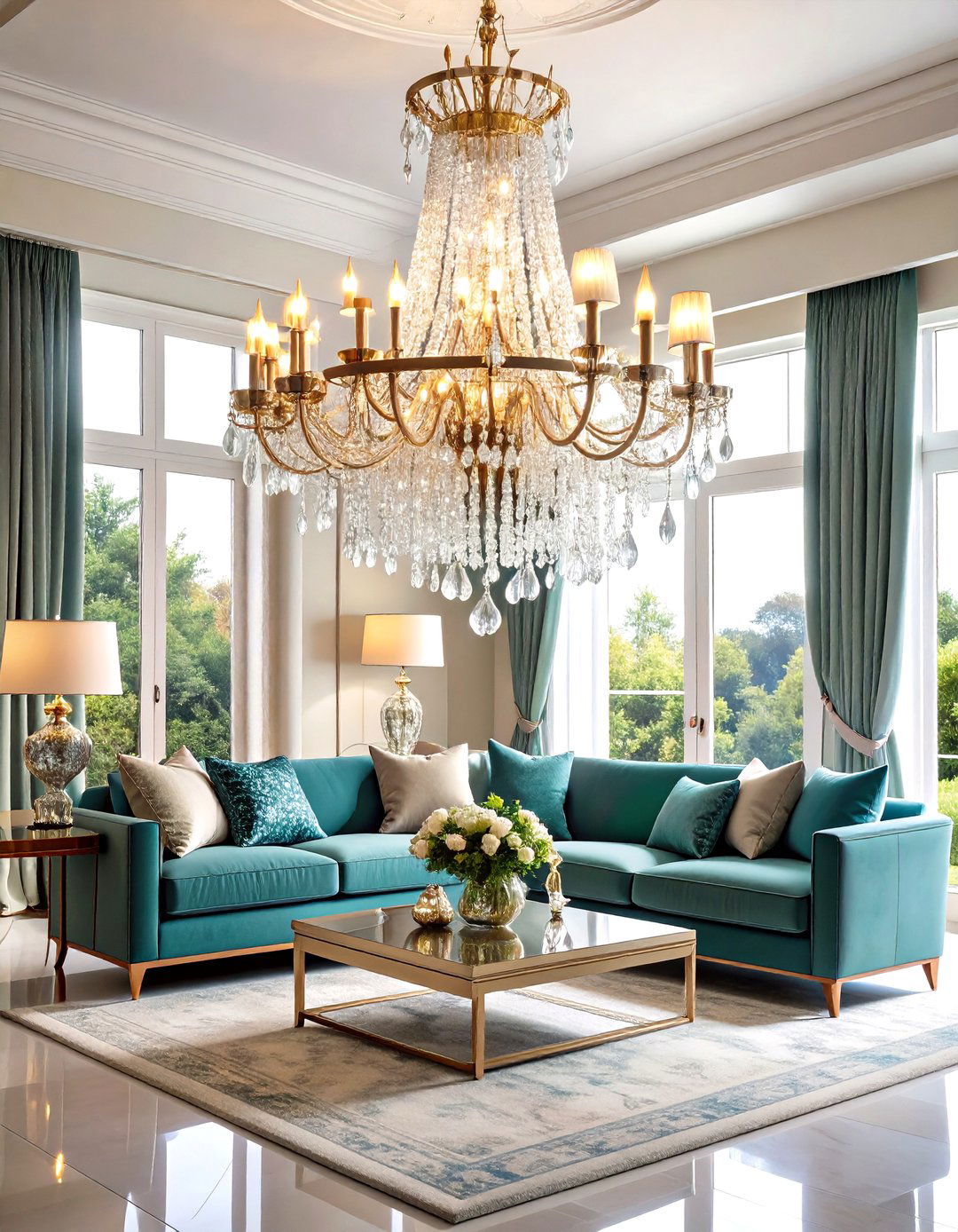 Crystal Chandelier Statement Spaces - 24 Glam Living Room Ideas