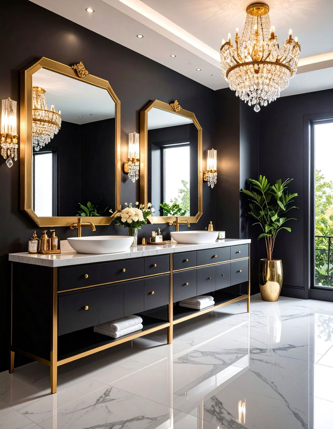 Crystal and Gold Accent Design - 24 black and gold powder room ideas