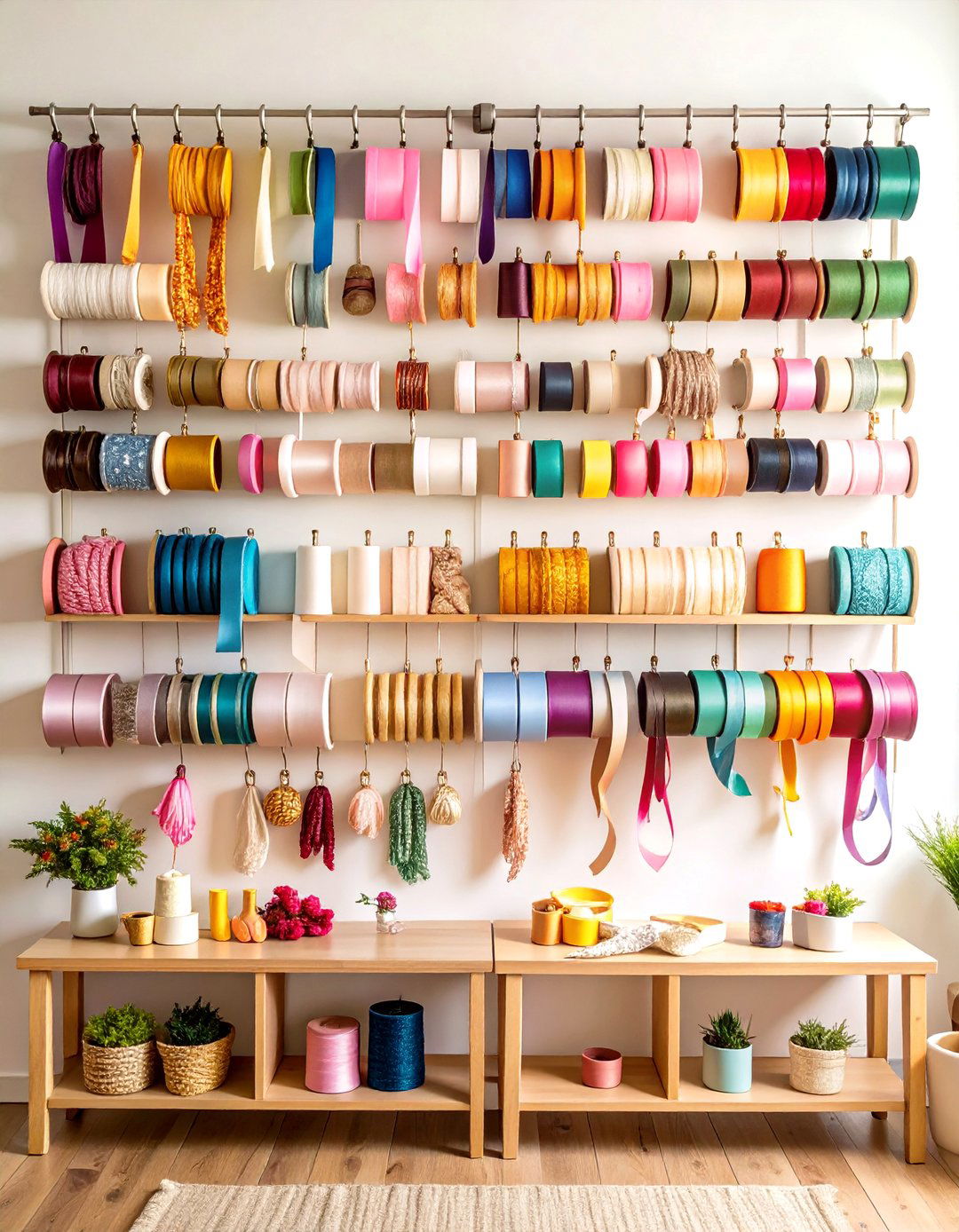 Curtain Rod Ribbon Hanging System - 24 Ribbon Storage Ideas
