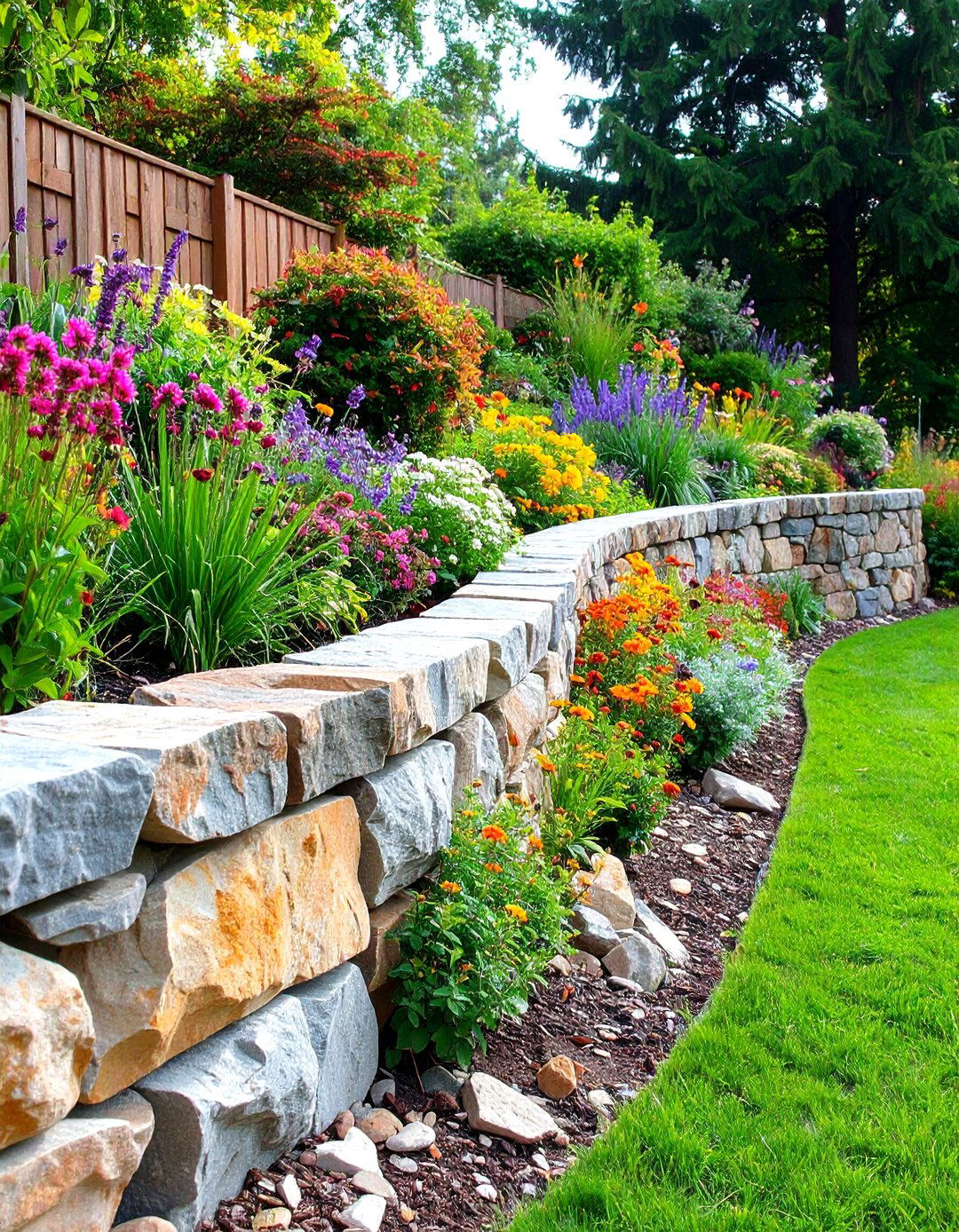 Curved Fieldstone Retaining Wall - 24 Natural Rock Retaining Wall Ideas