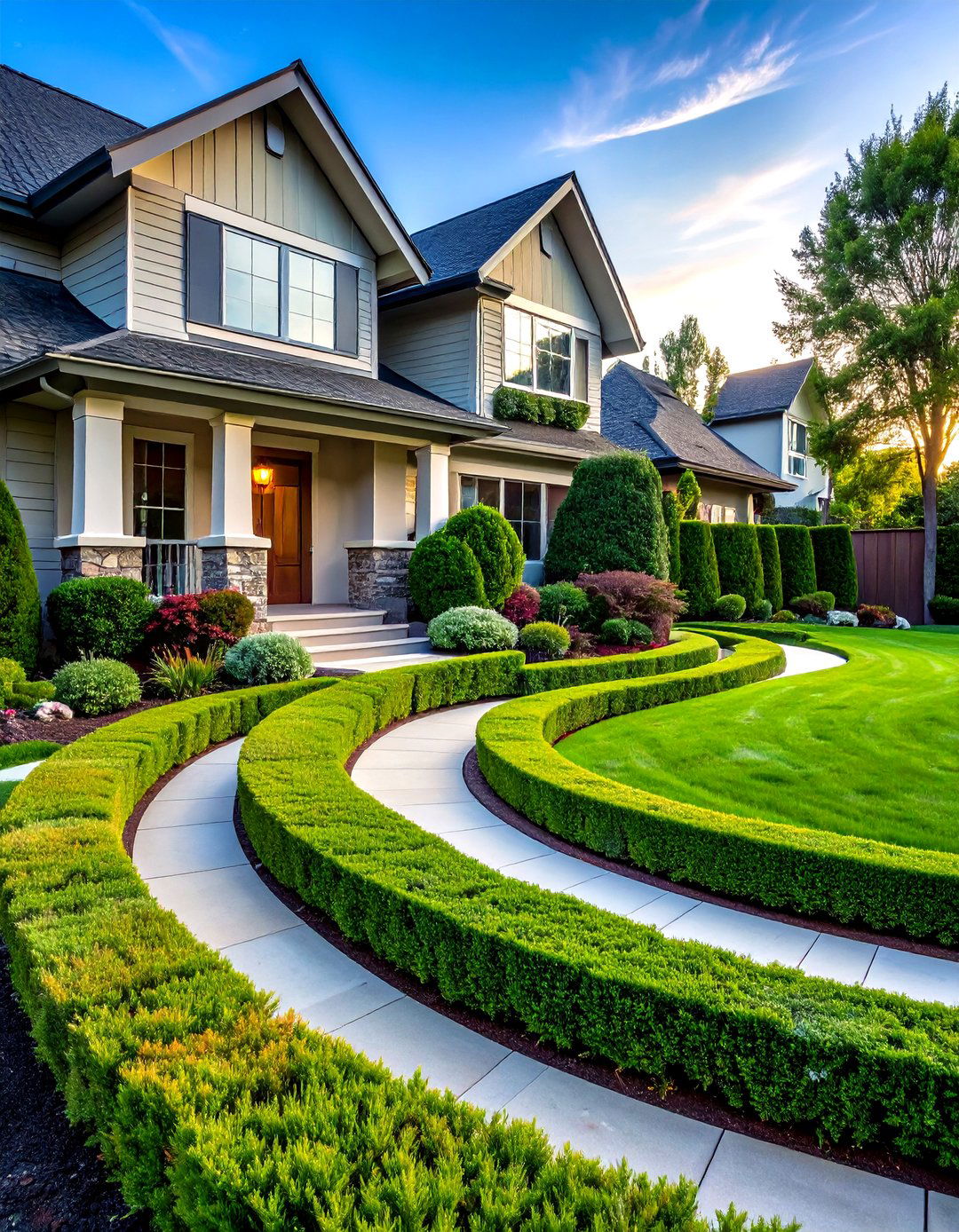 Curved Flowing Border Garden - 24 Front Yard Boxwood Designs
