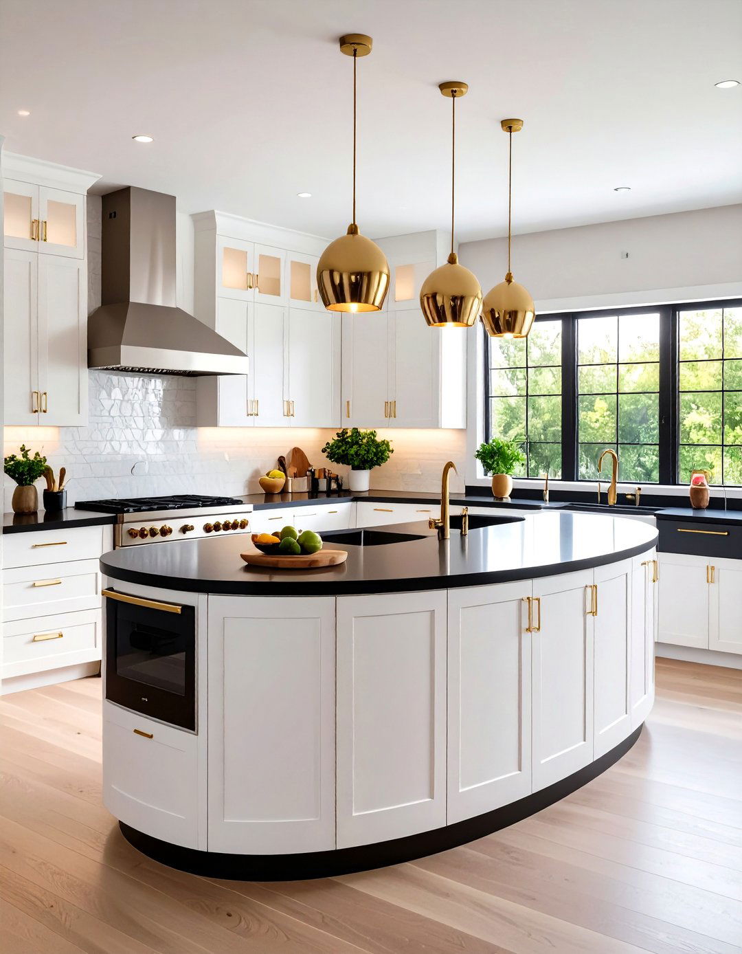 Curved Island Design with Mixed Textures - 24 black white and gold kitchen ideas