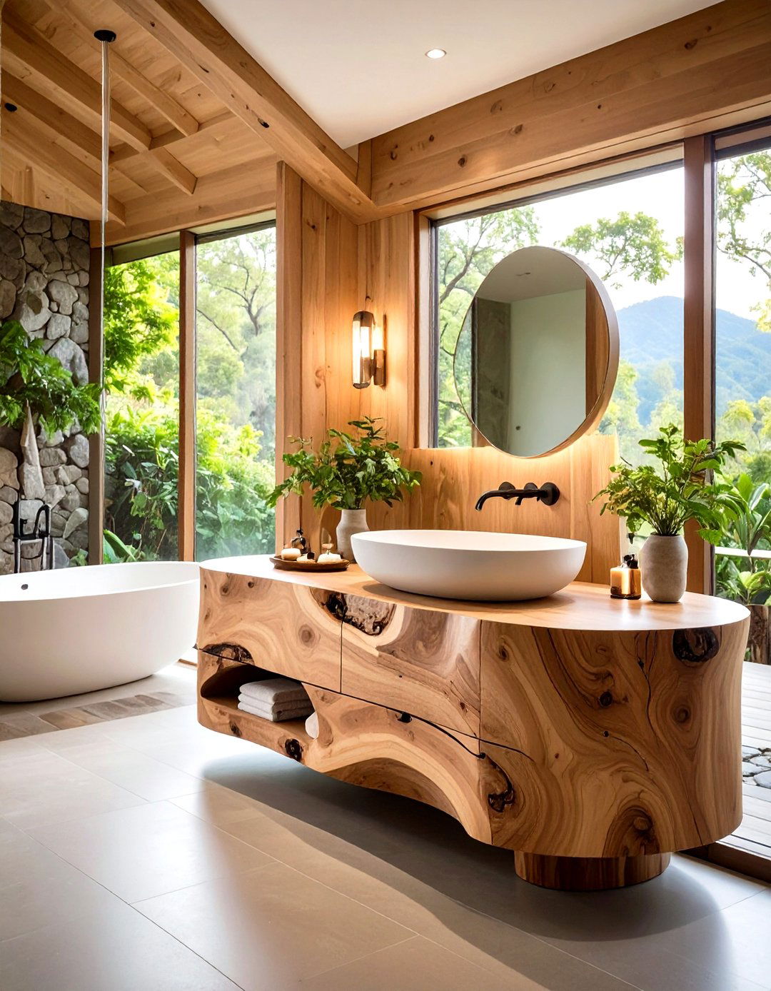 Curved Live Edge Vanity with Stone Sink - 24 Wood Bathroom Vanity Ideas