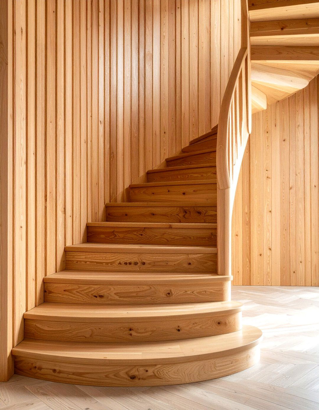 Curved Maple Slat Wall Following Staircase Contours - 24 Wood Slat Accent Wall Ideas