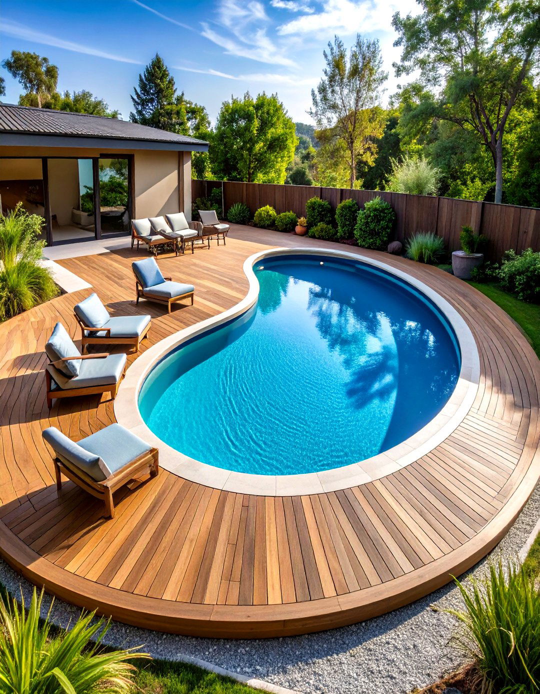 Curved Pool Deck Following Organic Pool Shapes - 24 Pool Deck Ideas