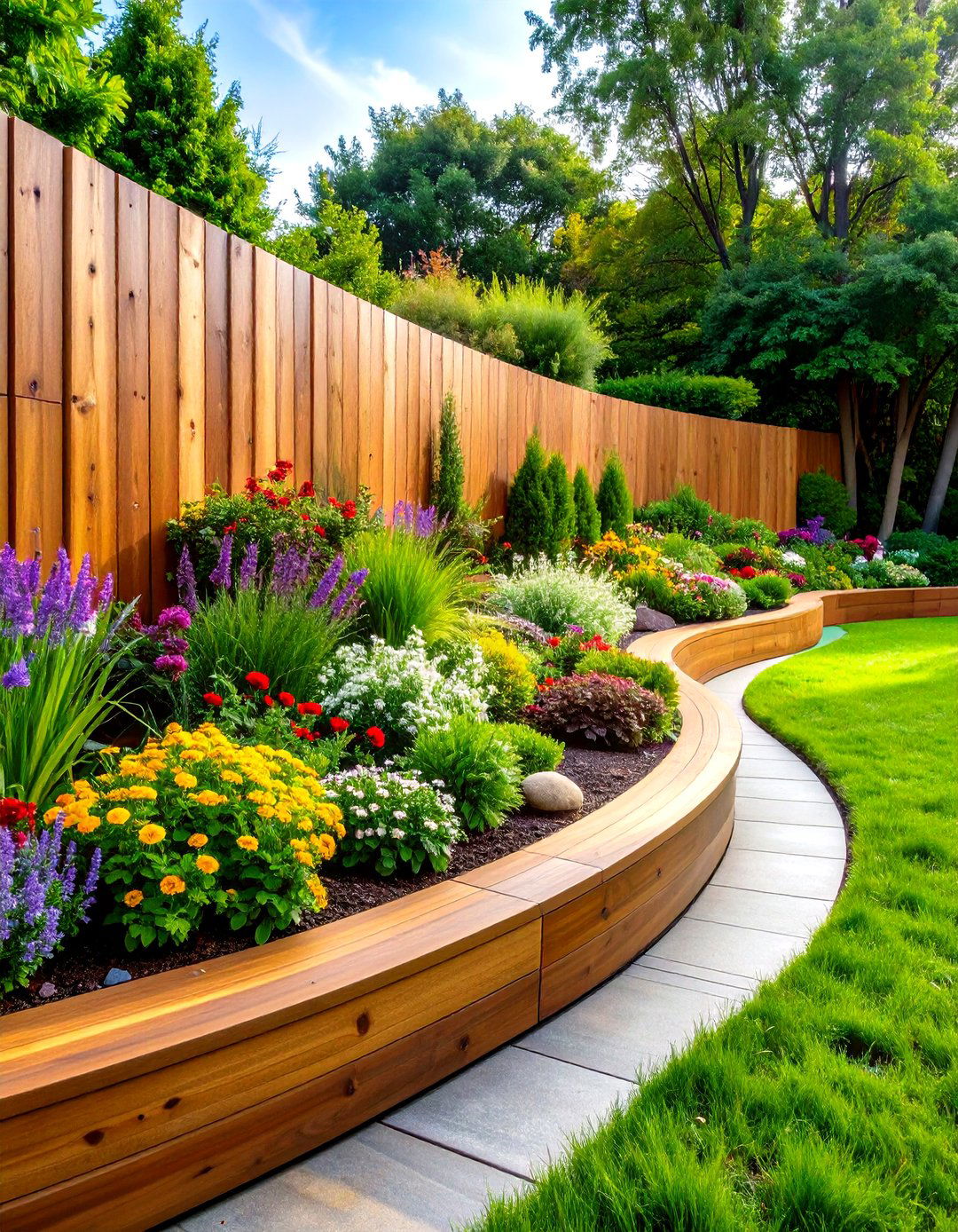 Curved Wood Retaining Wall with Flowing Garden Integration - 24 Wood Retaining Wall Ideas