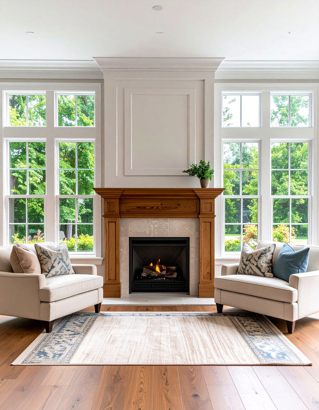 Custom Mantel Fireplace with Symmetrical Double Hung Windows - 24 Fireplace Between Windows Ideas