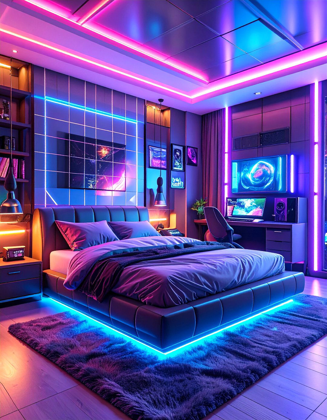 Cyberpunk Gaming Bedroom with Neon Grid Patterns - 24 Gaming Bedroom Ideas