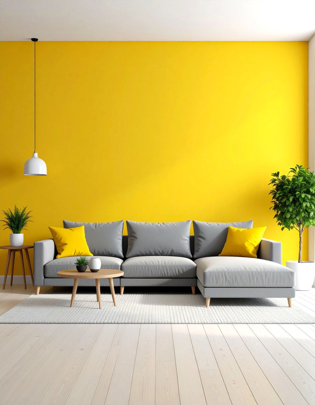 Dandelion Yellow Accent Wall with Gray - 24 Yellow Living Room Ideas
