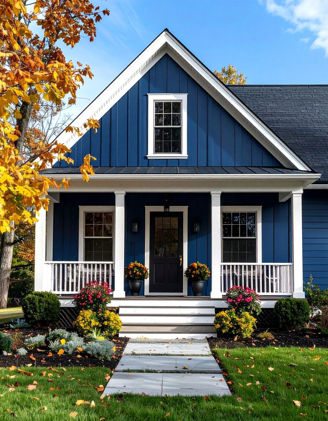 Dark Blue Farmhouse With Black Board And Batten Trim - 24 Dark Blue House With Black Trim