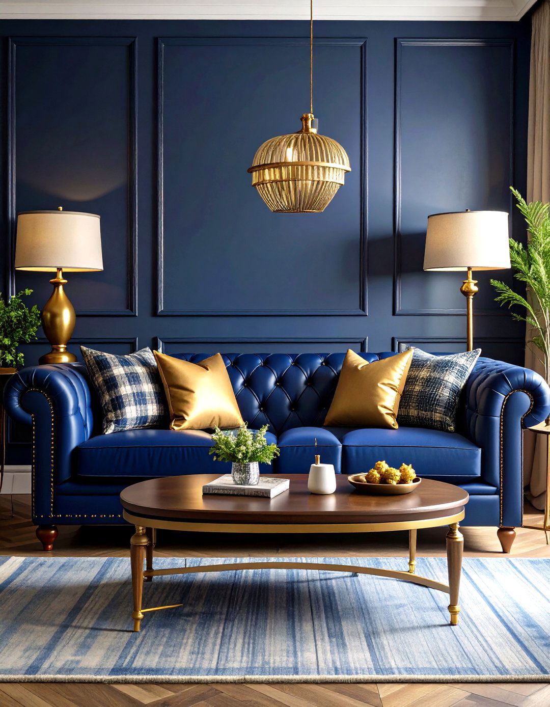Dark Blue Living Room with Leather Chesterfield Furniture - 24 Moody Living Room Ideas