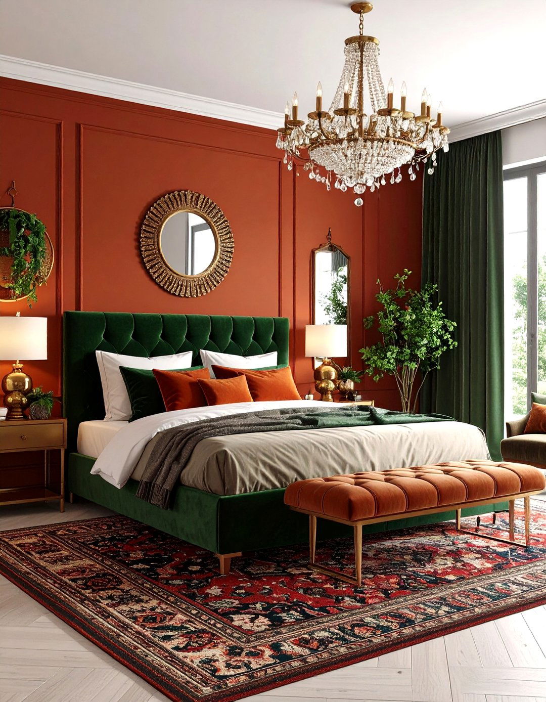 Dark Boho Burnt Orange Bedroom with Jewel Tone Accents - 24 Boho Burnt Orange Bedroom Ideas