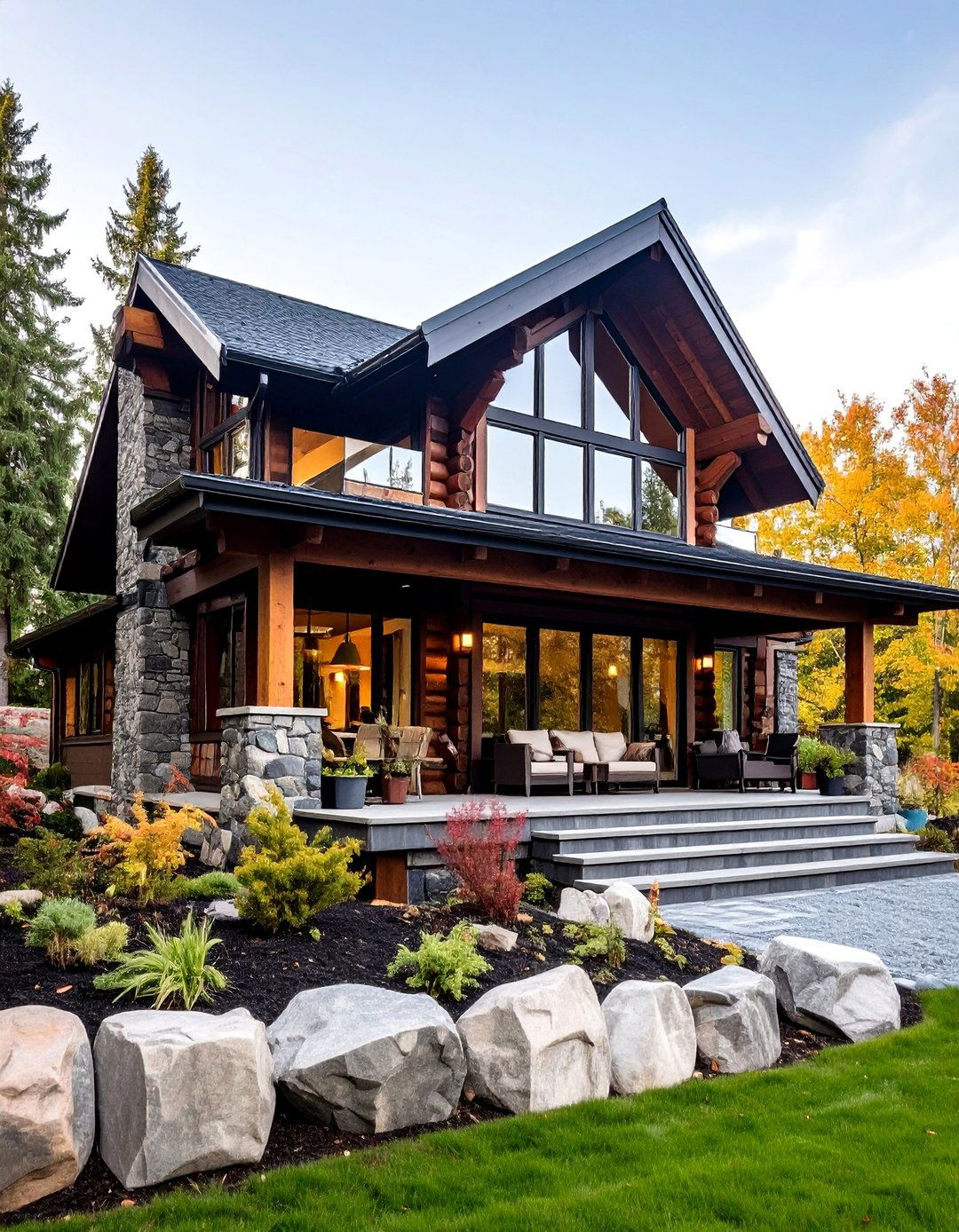 Dark Brown Log and Stone Rustic Luxury - 24 Dark Brown House Exterior Ideas