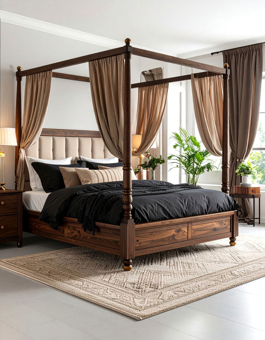 Dark Brown Wooden Four Poster Bed with Black Textile Accents - 24 Black and Brown Bedroom Ideas