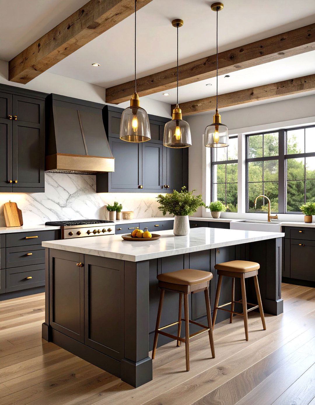Dark Charcoal Cabinets with White Marble Veining - 24 Farmhouse Kitchen With Gray Cabinets Ideas