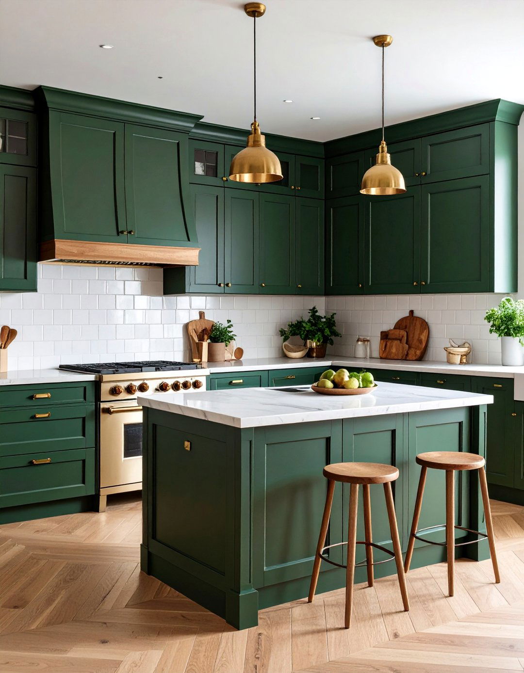 Dark Forest Green Kitchen with Brass Hardware - 24 Dark Kitchen Ideas