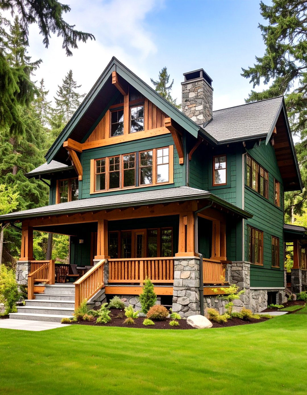 Dark Forest Green with Natural Wood Accents - 24 Green Exterior House Paint Ideas