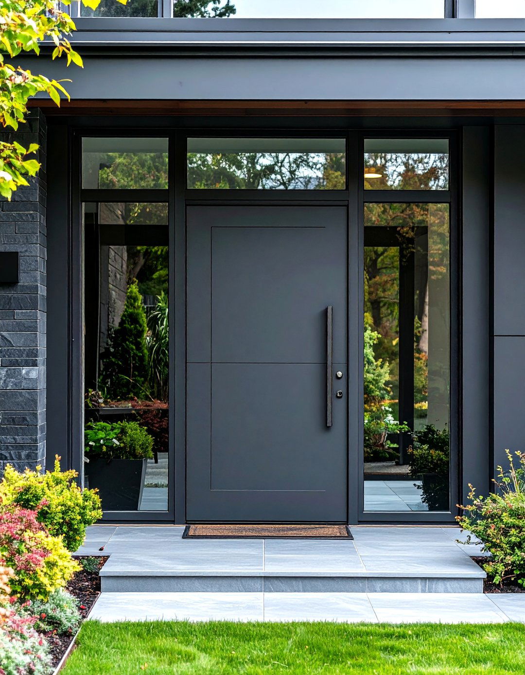 Dark Gray Glass Door with Steel Framework - 24 Dark Gray Front Door Ideas