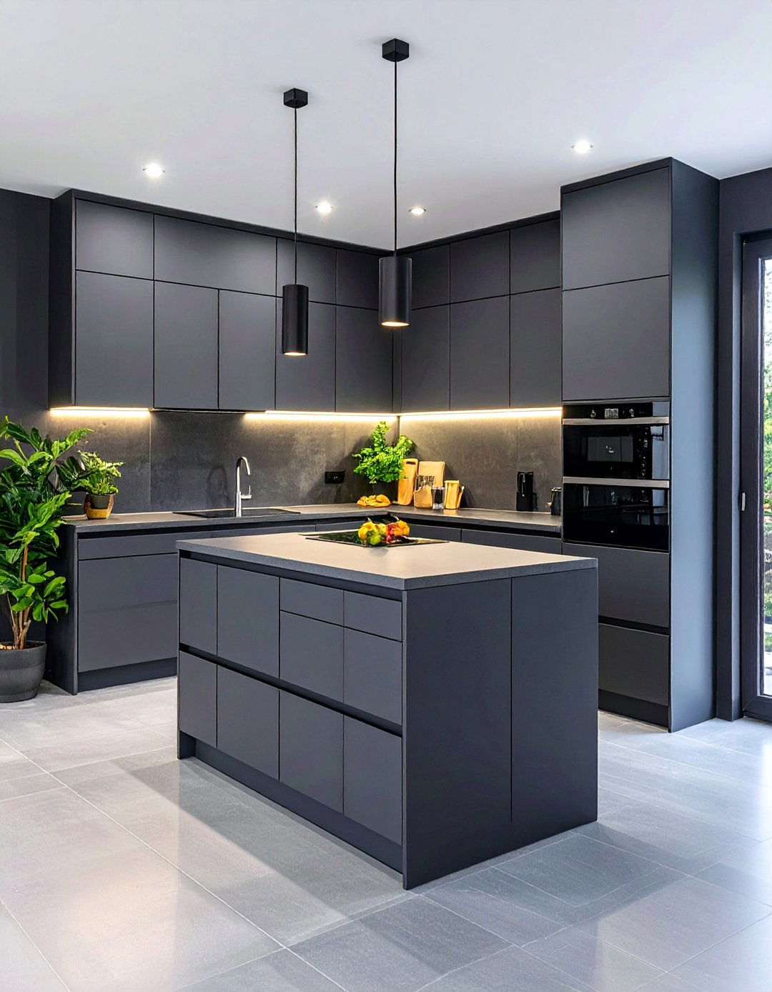 Dark Gray Handleless Modern Kitchen - 24 Dark Kitchen Ideas