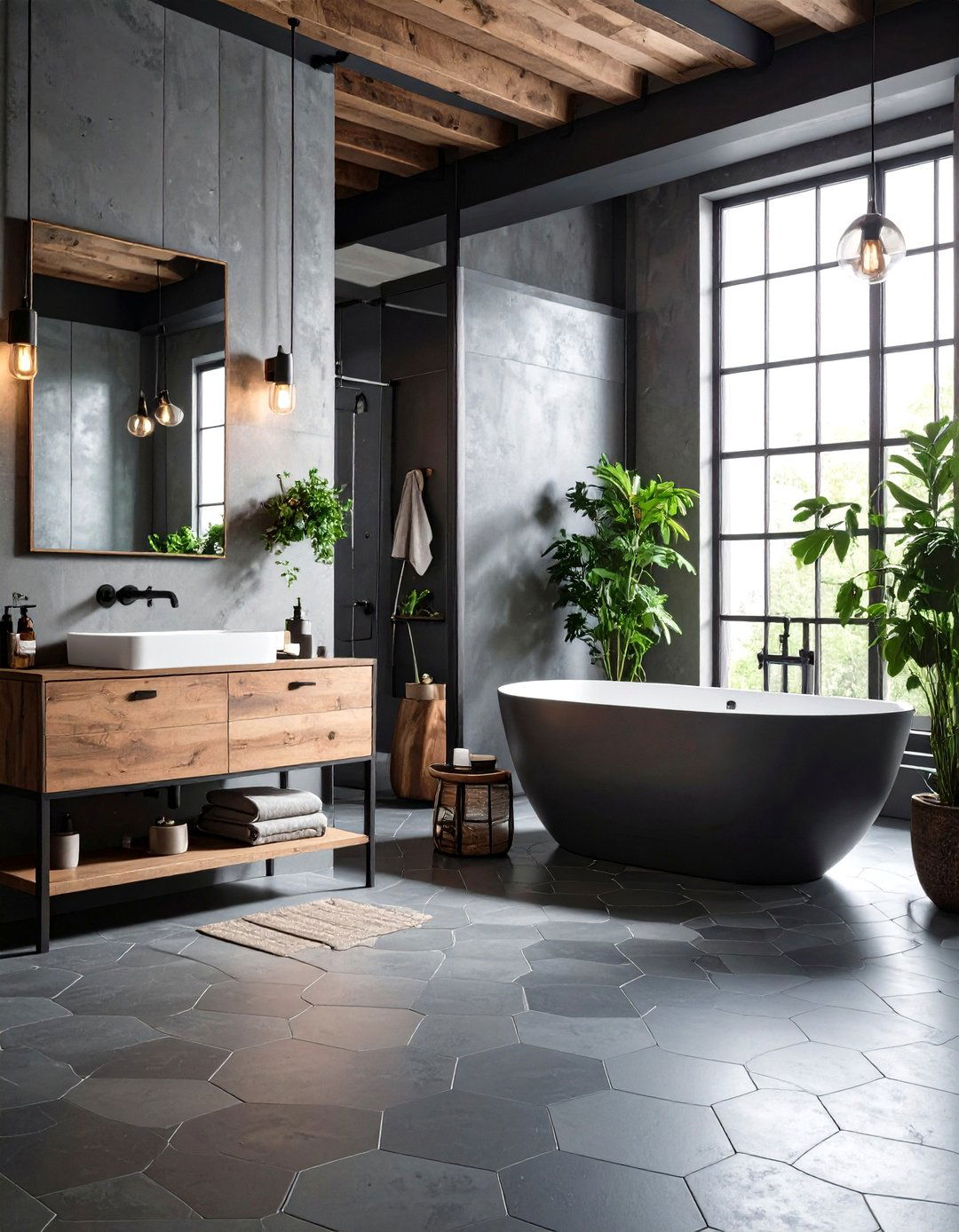 Dark Gray Hexagon Floors for Industrial Bathrooms - 24 Bathrooms With Hexagon Tile Floors