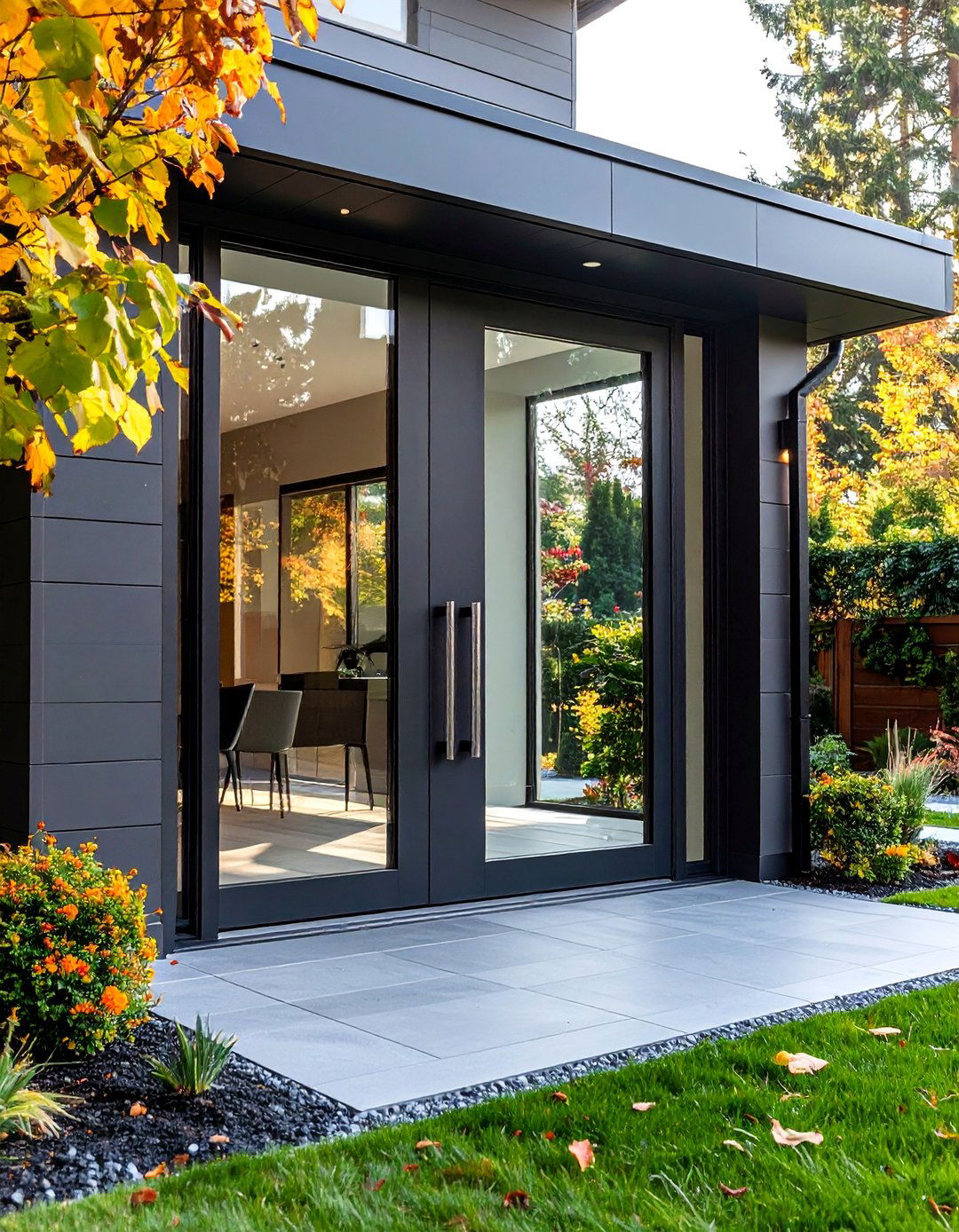 Dark Gray Pivot Door with Full Height Glass Panel - 24 Dark Gray Front Door Ideas