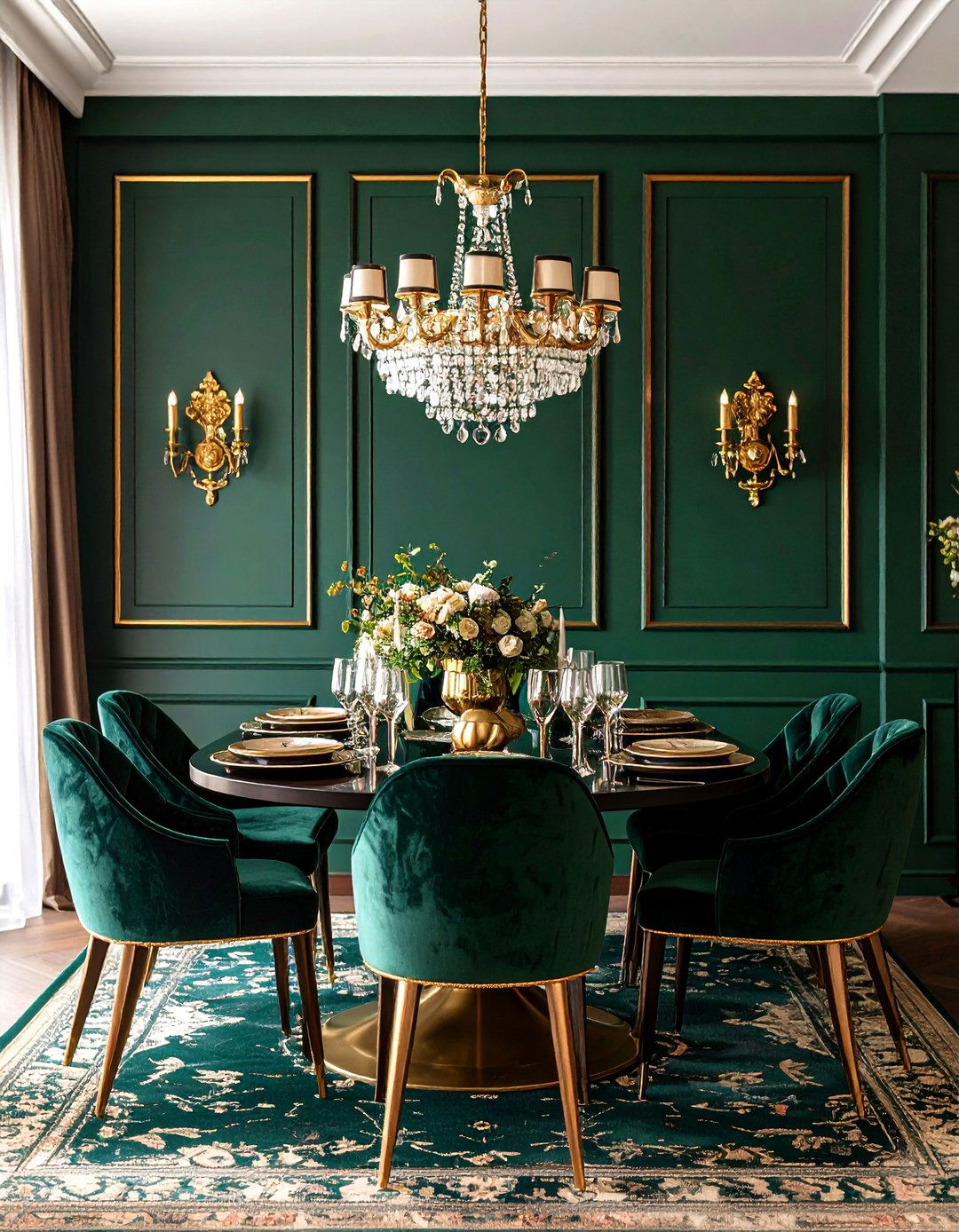 Dark Green Accent Wall with Gold Accents - 24 Green Accent Wall Ideas