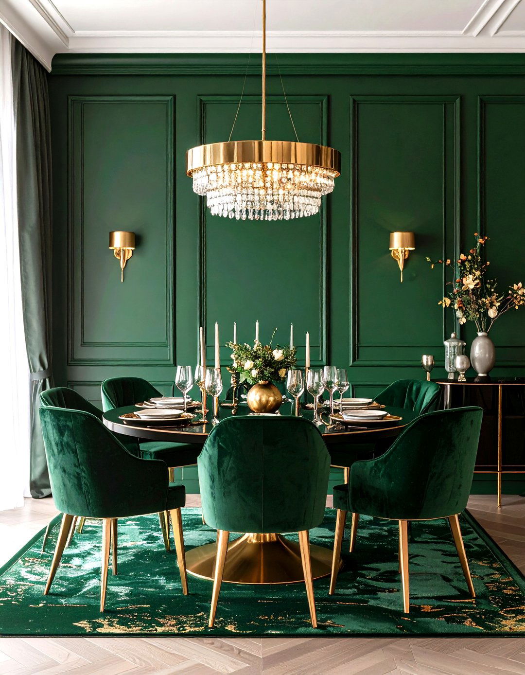 Dark Green Accent Wall with Metallic Highlights - 24 Green Accent Wall Ideas