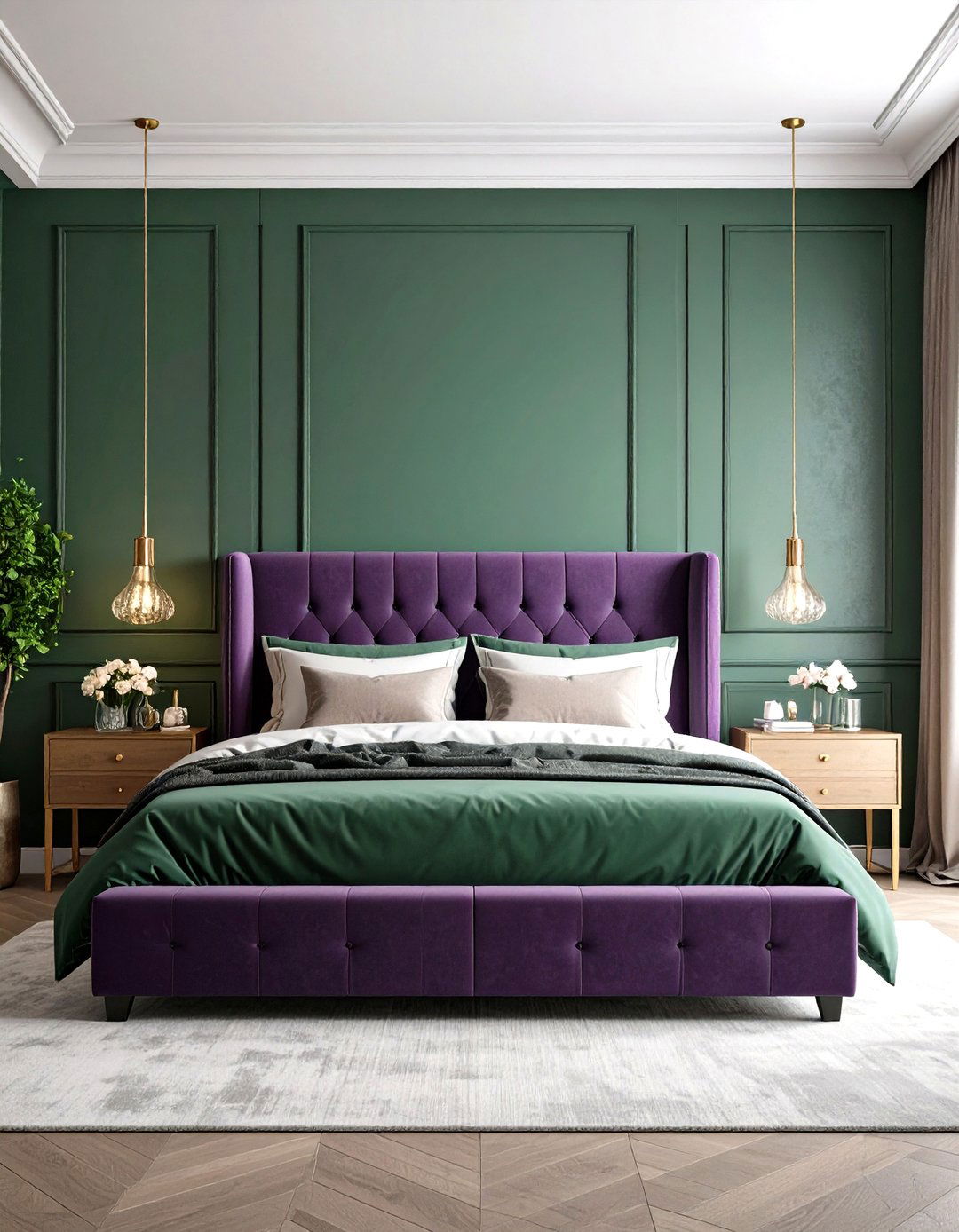 Dark Green Bedroom with Purple Accents and Dramatic Lighting - 24 Dark Green Bedroom Ideas
