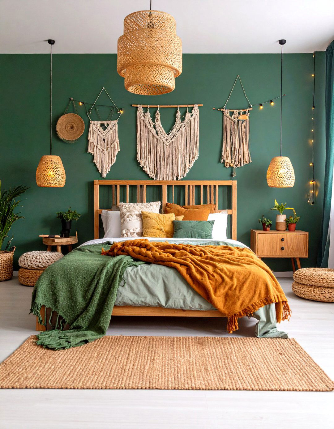 Dark Green Bohemian Bedroom with Macrame and Layered Textiles - 24 Dark Green Bedroom Ideas