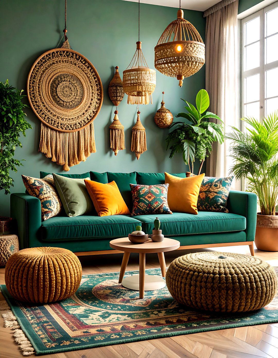 Dark Green Bohemian Living Room with Layered Textiles - 24 Moody Living Room Ideas