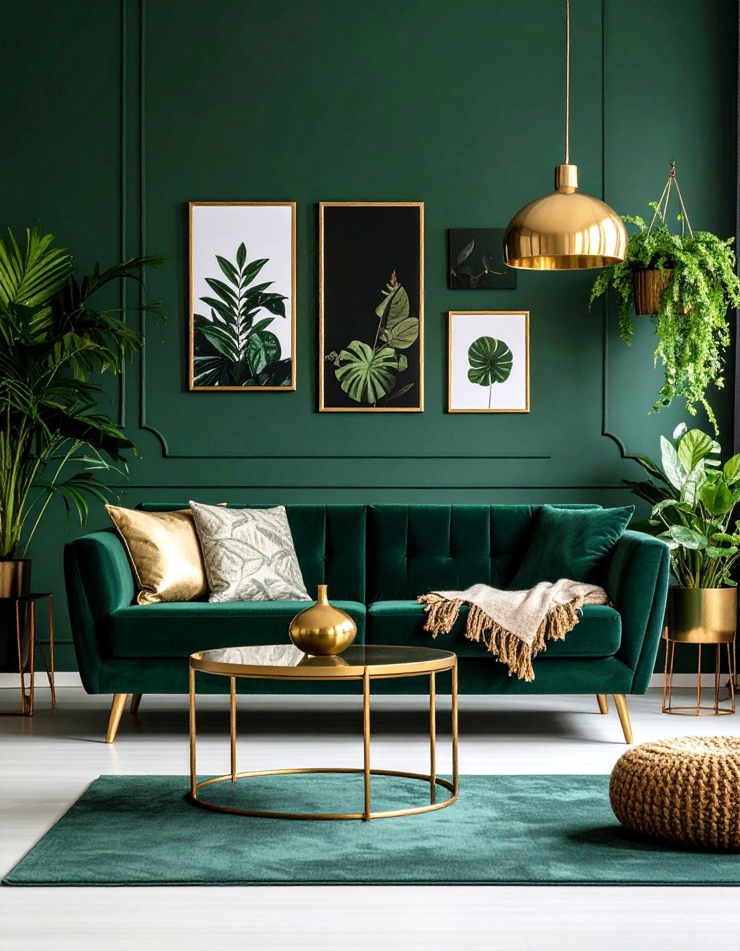 Dark Green Botanical with Gold Framed Artwork - 24 Green and Gold Living Room Ideas