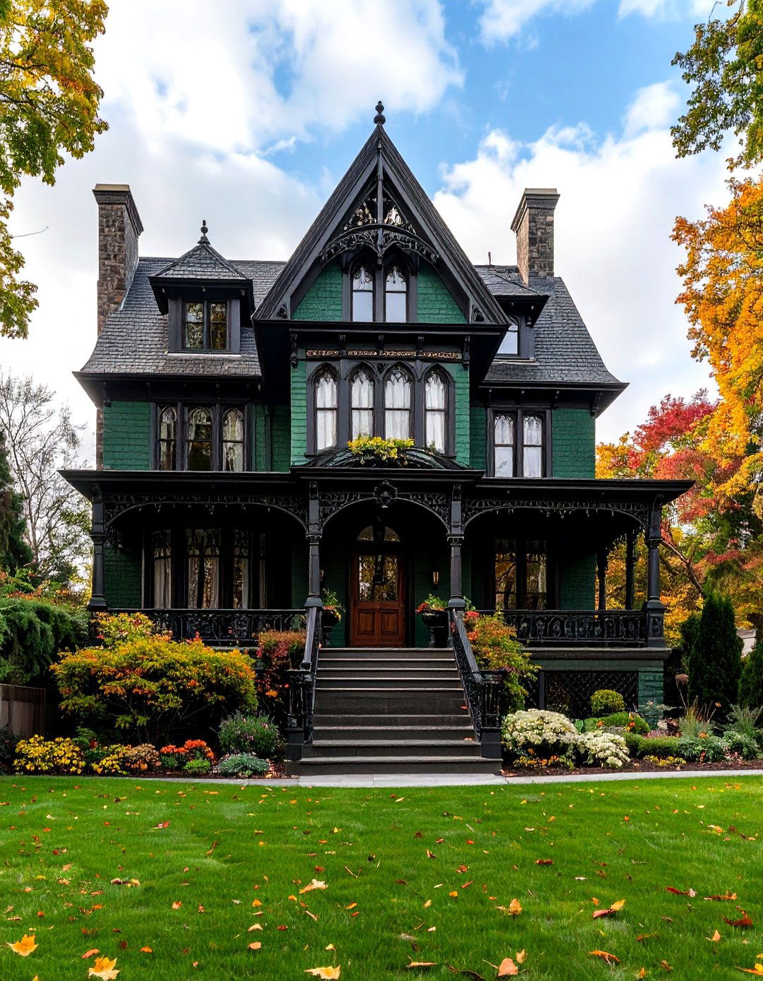 Dark Green Brick Victorian Gothic - 24 Green Brick Exterior Home Ideas