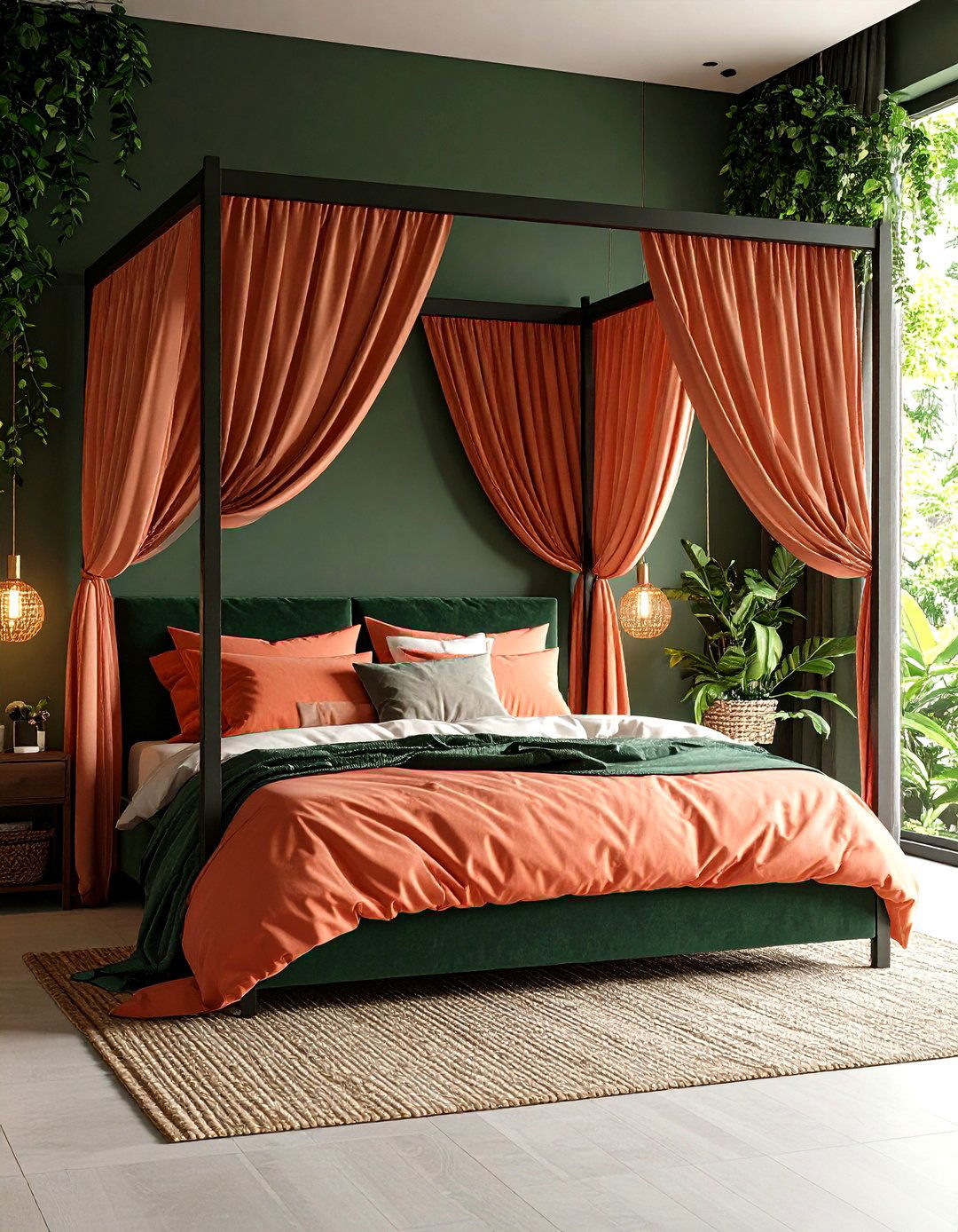 Dark Green Canopy Bed with Coral Bedding - 24 Pink and Green Bedroom Ideas