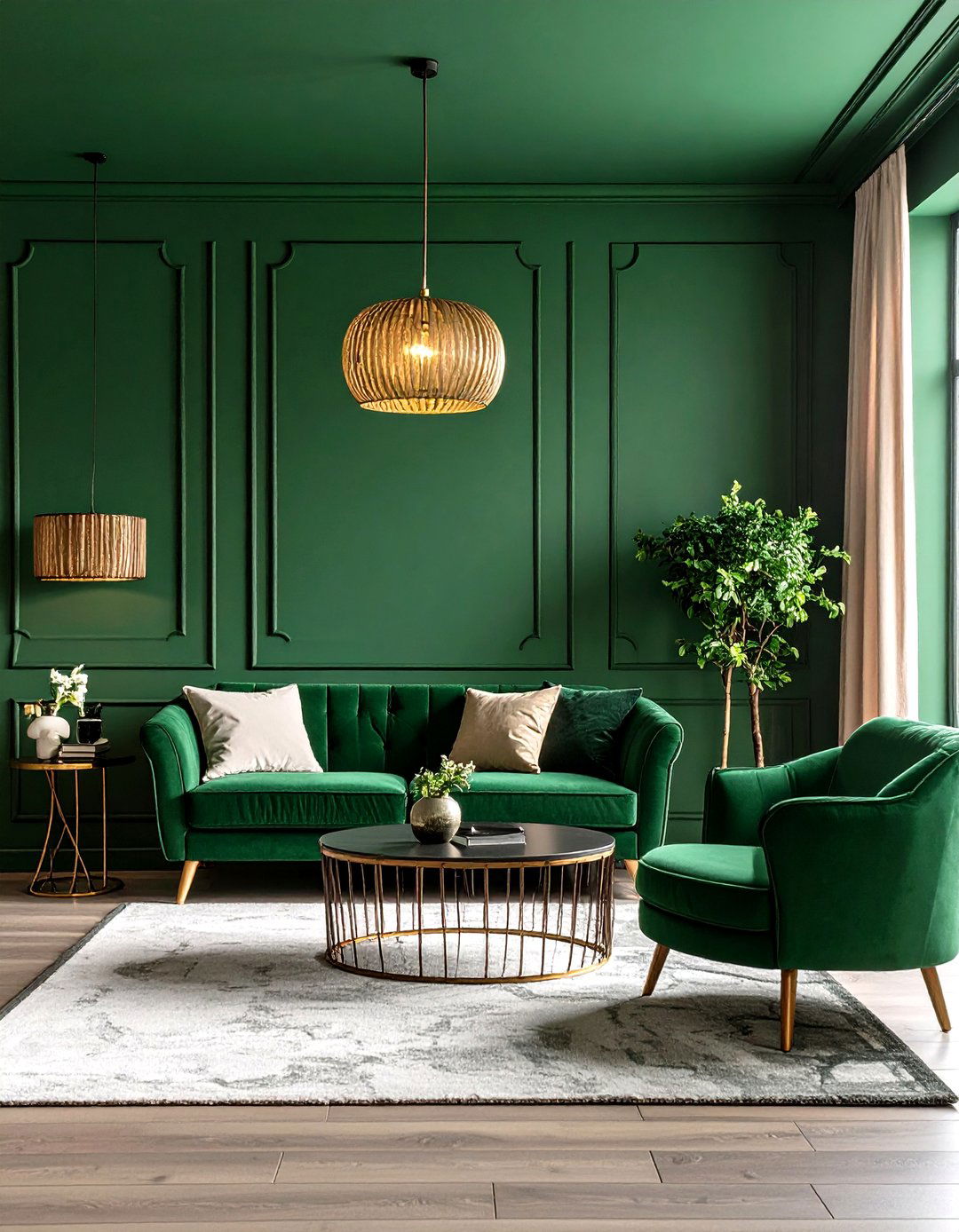 Dark Green Color Drenched Space - 24 Dark Green Living Room Ideas