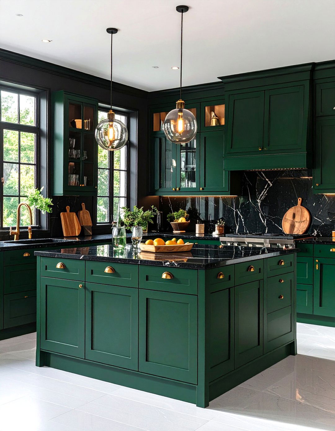 Dark Green Glass Front Cabinets with Black Interior Paint - 24 Black and Green Kitchen Ideas