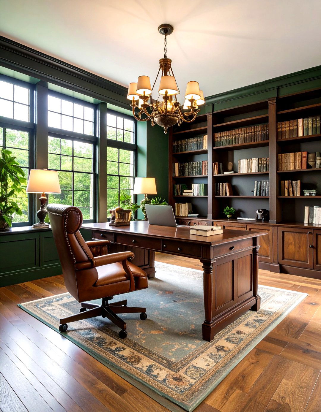 Dark Green Library Office with Traditional Elements - 24 dark home office design ideas