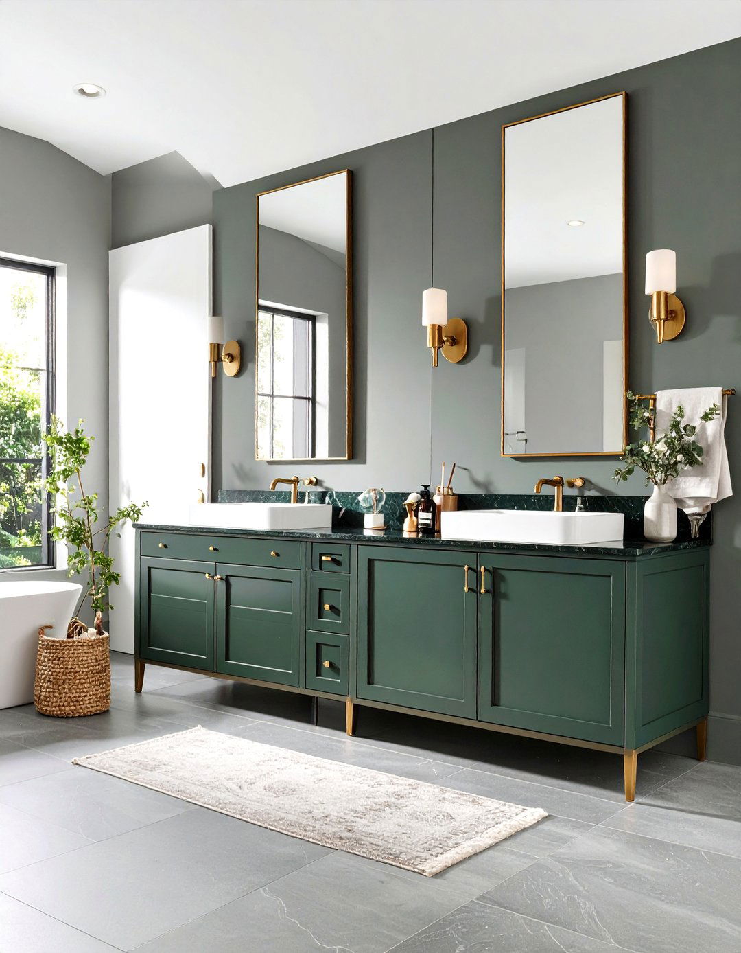 Dark Green Marble Vanity with Light Grey Walls - 24 Green and Grey Bathroom Ideas