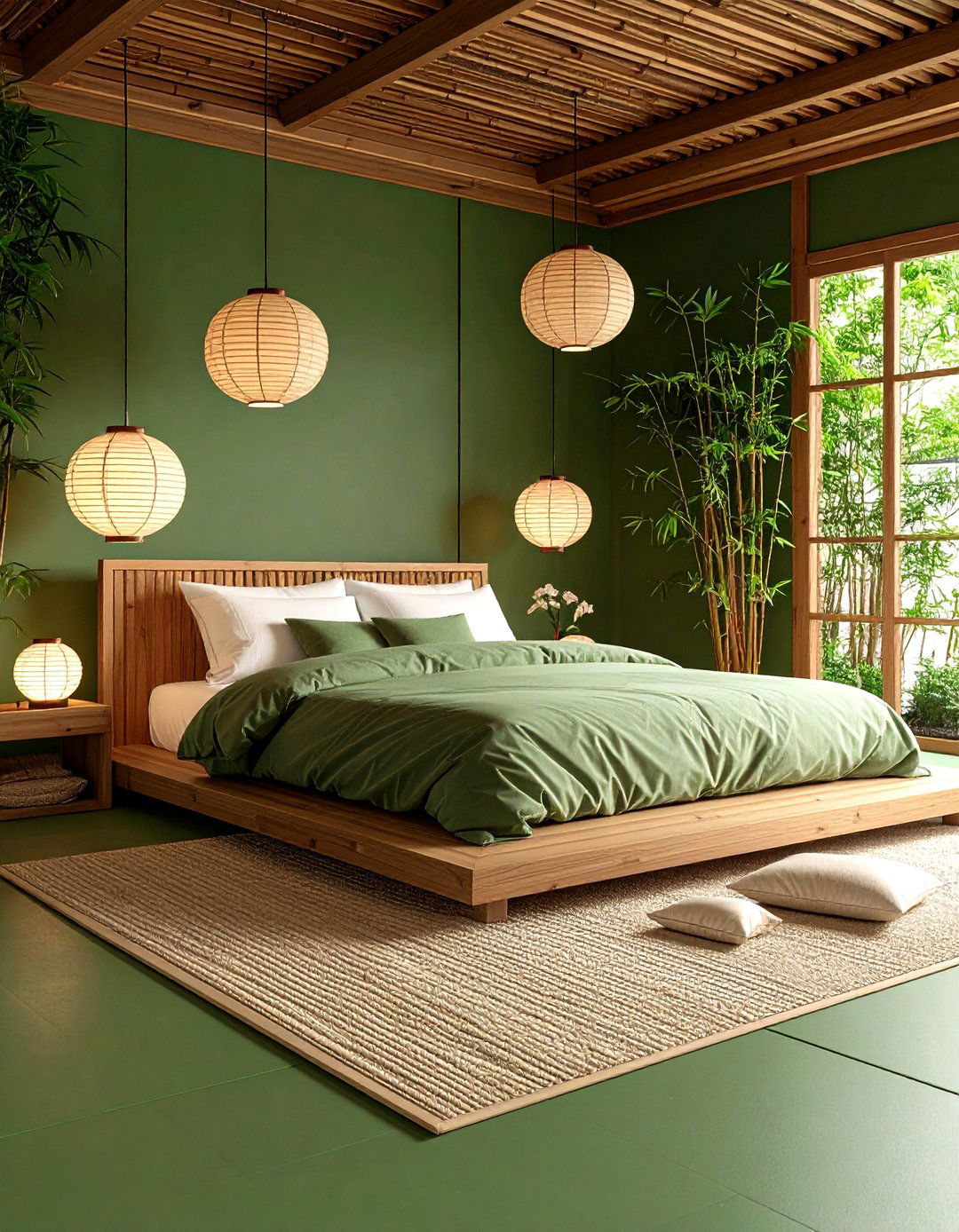 Dark Green Minimalist Bedroom with Japanese Zen Influences - 24 Dark Green Bedroom Ideas