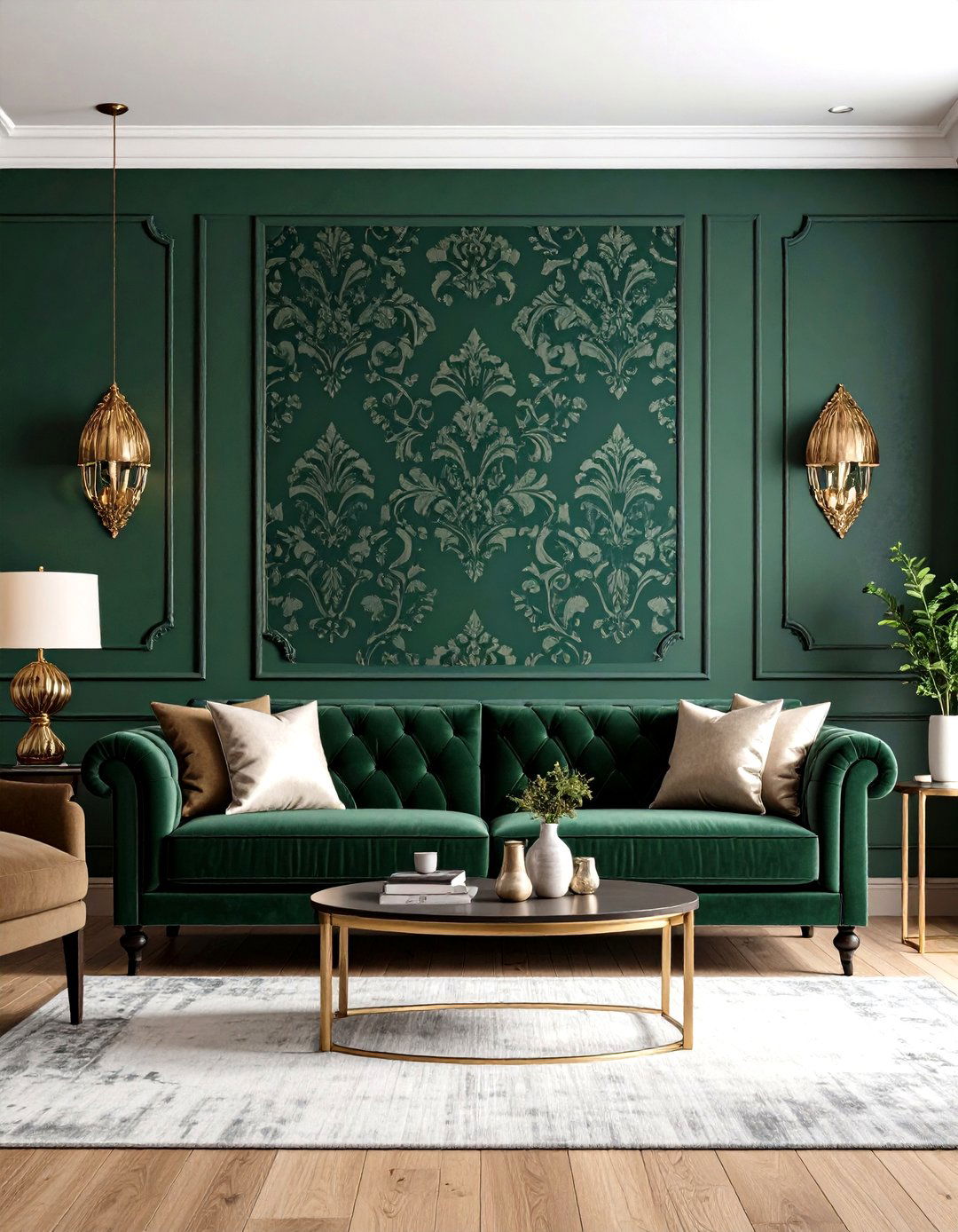 Dark Green Patterned Wallpaper Accent - 24 Dark Green Living Room Ideas