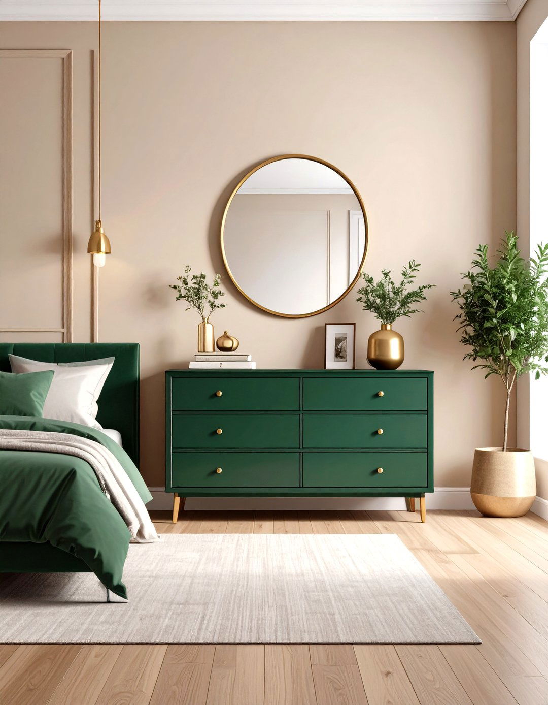 Dark Green Statement Dresser - 24 Green and Beige Bedroom Ideas