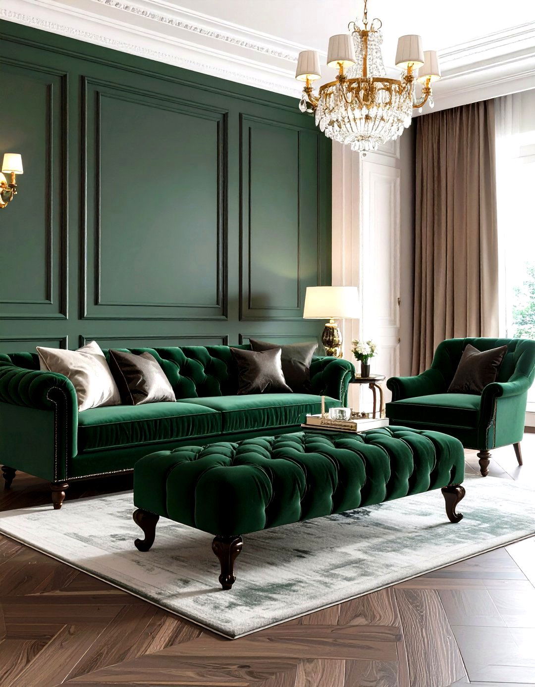 Dark Green Tufted Ottoman Arrangement - 24 Victorian Dark Green Living Room Ideas
